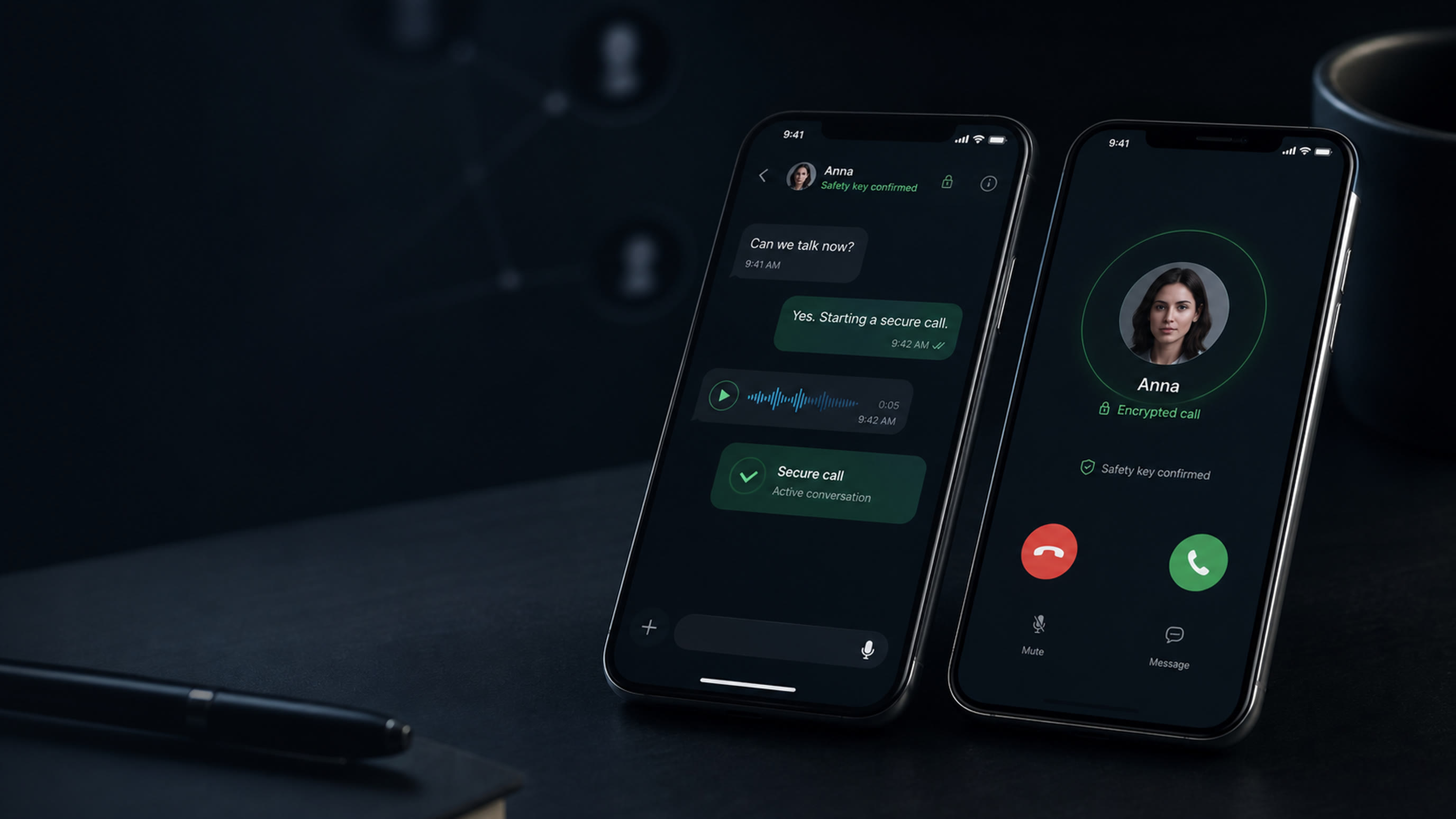 Two smartphones showing NafqaX Chat with private messaging and secure calling.